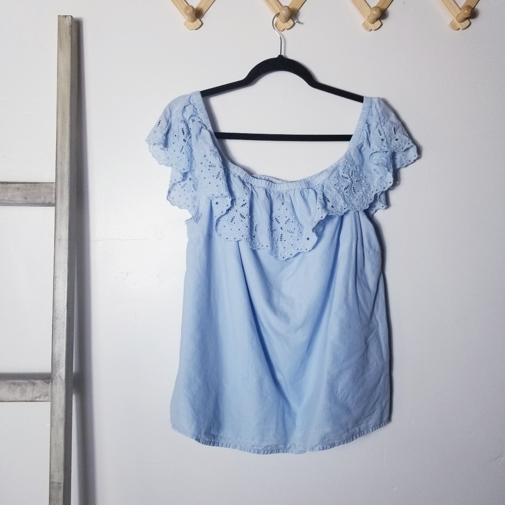 LANE BRYANT WOVEN EYELET RUFFLE KNIT LIGHT BLUE TANK SIZE ESTIMATE 14